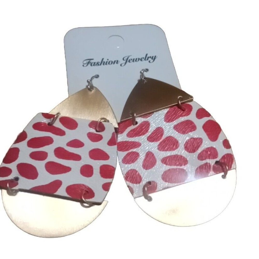 Gold Plated Red Animal Print Faux Leather Dangle Oval Earrings Set